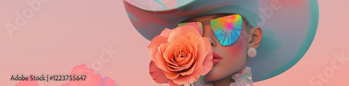 Surreal portrait of a woman with a large hat, colorful glasses, and a rose on her face. Perfect for fashion campaigns, artistic projects, and fantasy concepts.