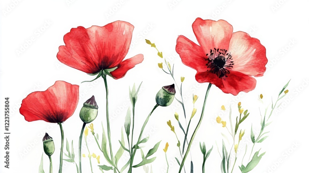 Obraz premium Watercolor Red Poppies in a Delicate Botanical Illustration