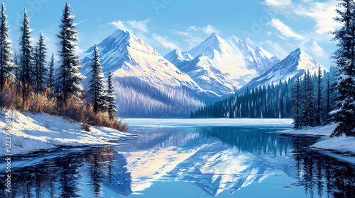 Snow-draped peaks reflect perfectly in the glassy, tranquil lake, surrounded by winter's serene chill and whispering pines. Whispering Peak. Illustration photo