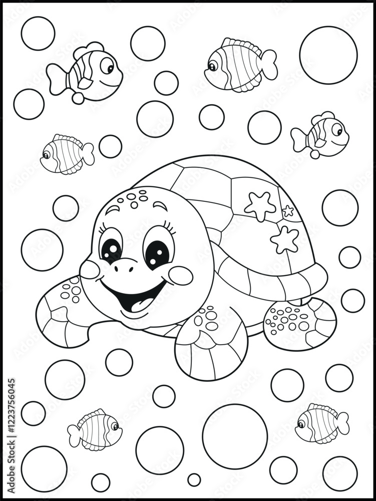 Fototapeta premium Illustration of a cute baby turtle cartoon character. Black and white Printable underwater coloring page for kids. 