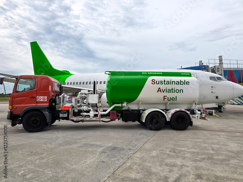 airplanes and fuel tank trucks at airports, sustainable aircraft fuel or safety is renewable energy made from organic materials that are more environmentally friendly, low carbon.