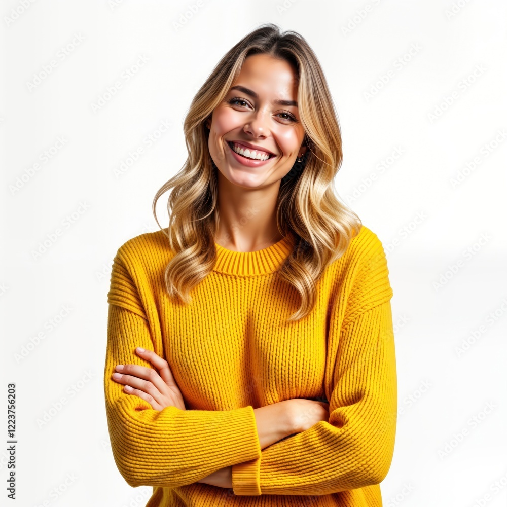 Smiling woman wears yellow sweater. Poses in studio with arms crossed. Woman looks directly at camera. Happy expression. Possible autumn winter fashion photo. Stylish female model. Trendy look. Smiling woman wears yellow sweater. Poses in studio with arms crossed. Woman looks directly at camera. Happy expression. Possible autumn winter fashion photo. Stylish female model. Trendy look.