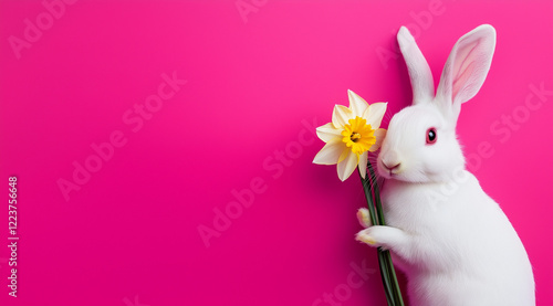 Minimalist composition with a white rabbit and a flower on a vibrant pink background. Great addition to seasonal ads, web backgrounds, or Easter promotions.