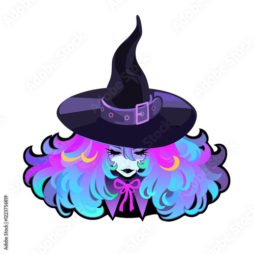 A witch girl in a pointed hat with beautiful lush multi-colored hair