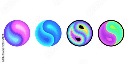 Four yin yang signs, different colors on a white background