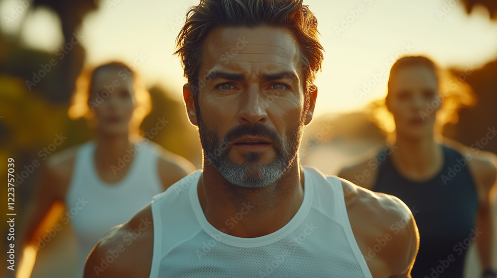 Focused Runner Leading a Group During Sunset Focused Runner Leading a Group During Sunset