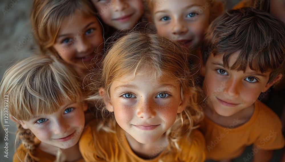 A group children look down into the camera, their faces forming a circle curiosity and youthful energy. A group children look down into the camera, their faces forming a circle curiosity and youthful energy.