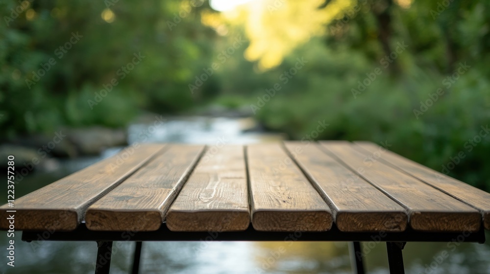 Empty wooden table by stream with blurred fish jumping in background Empty wooden table by stream with blurred fish jumping in background