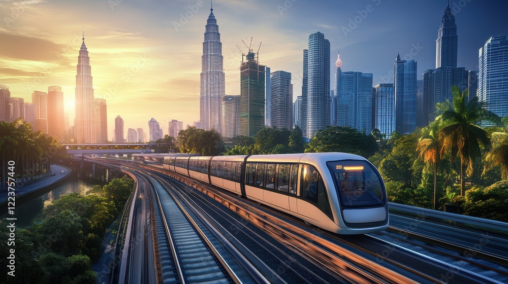 Fototapeta premium Modern Train Traveling Through a City at Sunrise