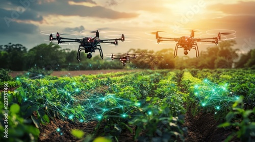 Drones surveying a lush green agricultural field