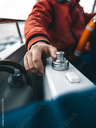 Closeup of a boat s captain turning the throttle down, reduce speed, nautical navigation photo