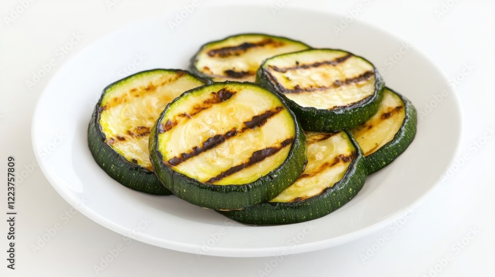 A clean and simple serving of grilled zucchini slices, neatly arranged on a plain white plate, Zucchini centered A clean and simple serving of grilled zucchini slices, neatly arranged on a plain white plate, Zucchini centered