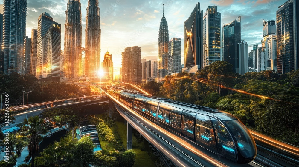 Fototapeta premium Futuristic Train Speeds Through Modern Cityscape at Sunset