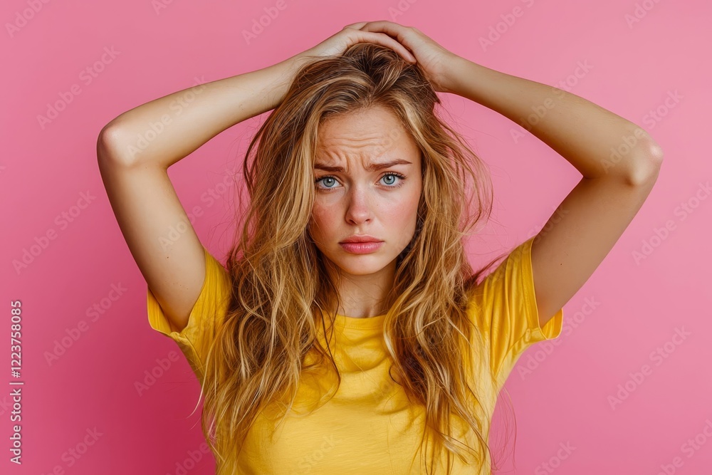 Photo of cheerful dreamy lady dressed yellow t-shirt looking empty space pink color background. Photo of cheerful dreamy lady dressed yellow t-shirt looking empty space pink color background.