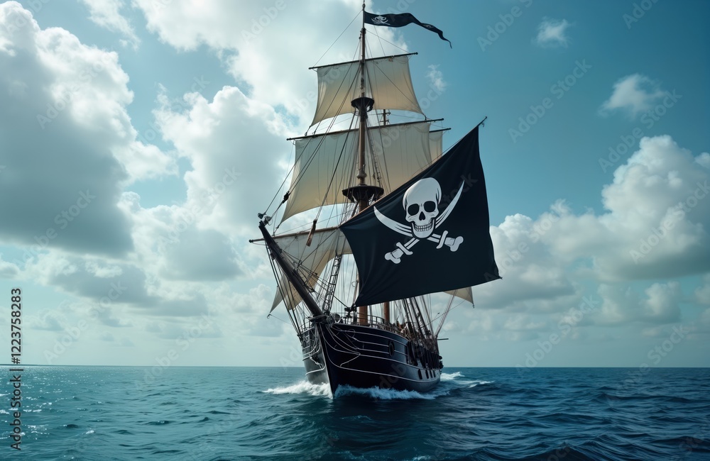 Obraz premium Pirate ship sails across blue sea. Black, white skull flag proudly displayed. Vessel sailing on open water. Historic sailing ship in motion under white sails. Sunny day with puffy clouds. Adventure,
