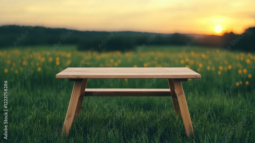 Wooden table standing in grassy field at sunset with wildflowers Wooden table standing in grassy field at sunset with wildflowers