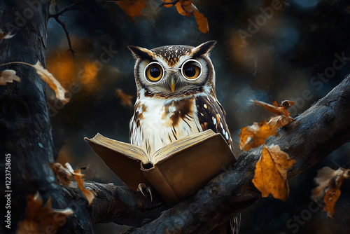 owl wearing round tiny reading glasses, photo