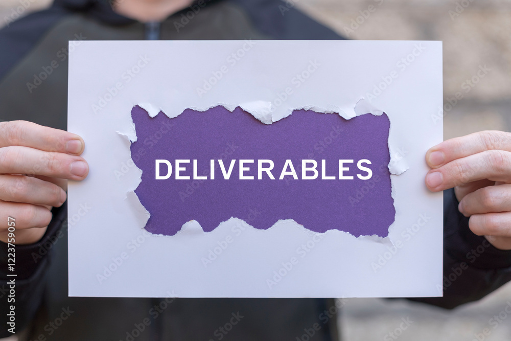 Man holding composition of sheets of paper with text: DELIVERABLES. Concept of business deliverables. Project deliverable.