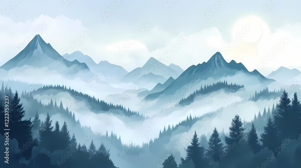 Obraz premium Ethereal majesty mountains shrouded in whispering mist. Whispering Peak. Illustration