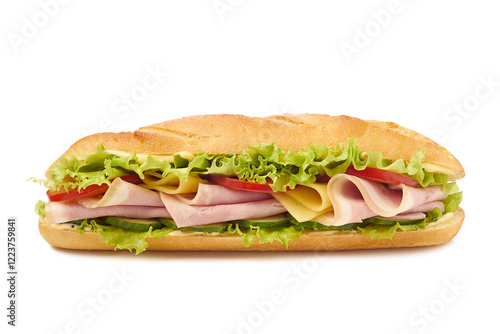 Delicious baguette sandwich with slices of ham, cheese, lettuce and ripe vegetables on a white background.