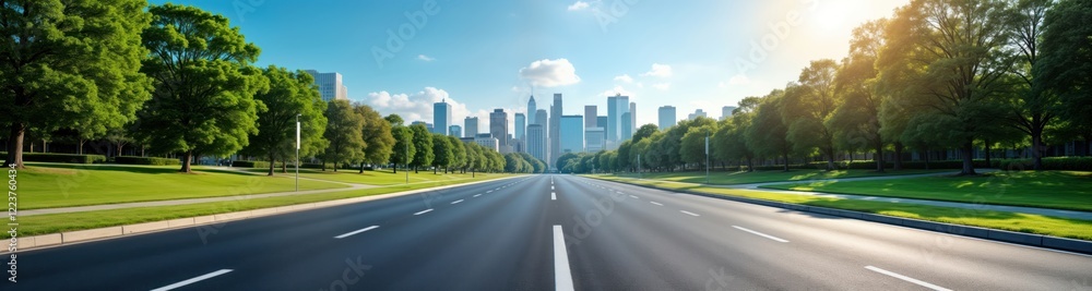 Empty asphalt road leads to city skyline. Lush green trees line the road. Parks and green plants beside highway. Modern buildings and urban landscape. Sunny day in a vibrant business district. Empty asphalt road leads to city skyline. Lush green trees line the road. Parks and green plants beside highway. Modern buildings and urban landscape. Sunny day in a vibrant business district.