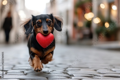 A playful dog joyfully runs down a cobbled street, holding a red heart-shaped toy in its mouth. Its enthusiasm and charm capture the essence of pet love and companionship. photo