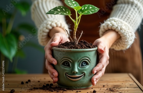 Woman carefully plants Begonia maculata plant in unique pot with face. Close-up view of transplanting process. Houseplant care concept. Potted plant reproduction. Woman hands gently hold pot, plant. photo