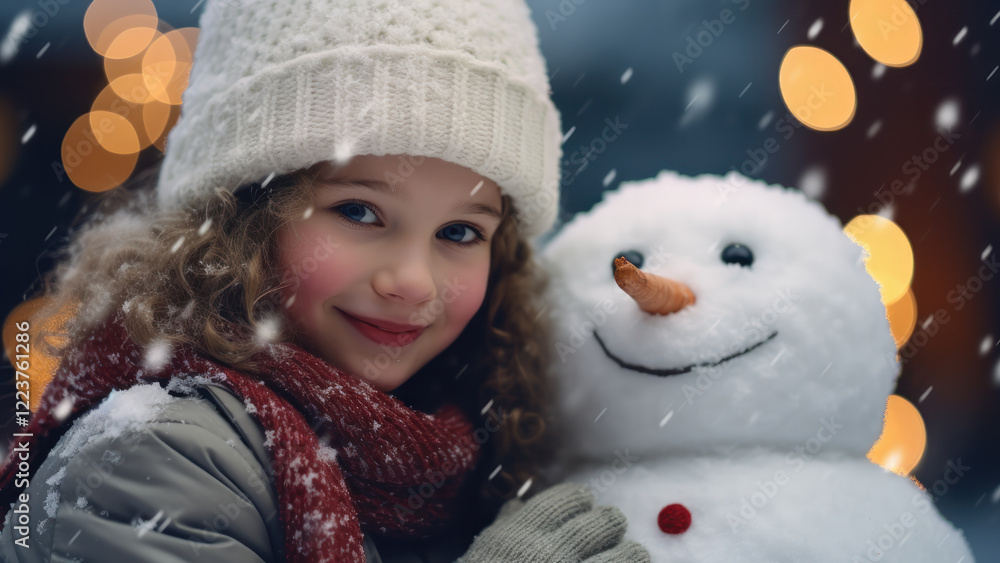 Little Girl Admiring A Snowman On A Magical Winter Evening Little Girl Admiring A Snowman On A Magical Winter Evening