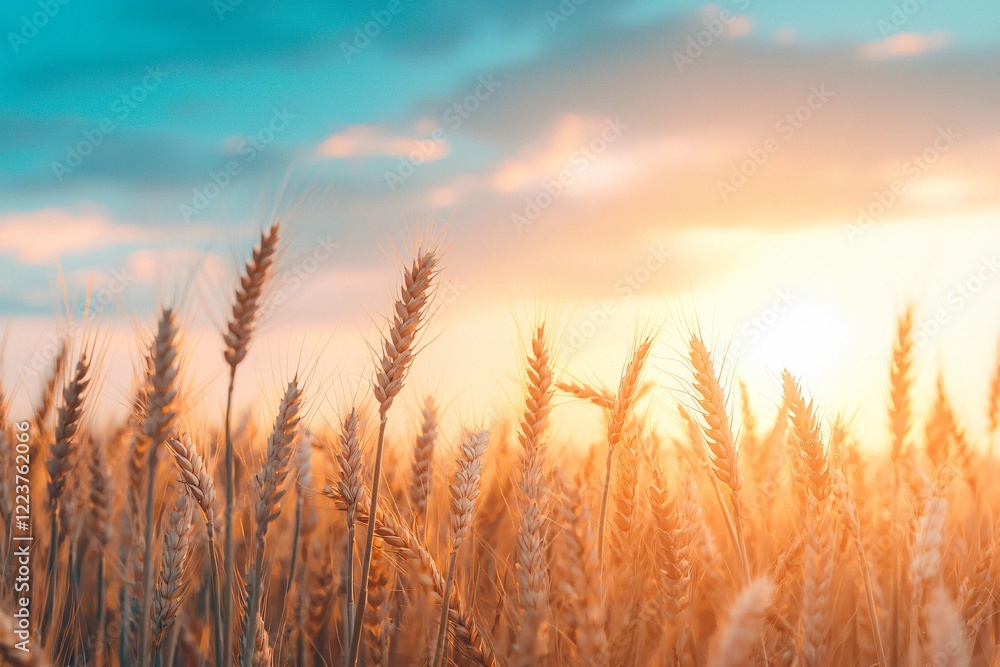 Golden wheat field swaying gently in the breeze at sunset, with a vibrant sky and soft clouds Golden wheat field swaying gently in the breeze at sunset, with a vibrant sky and soft clouds
