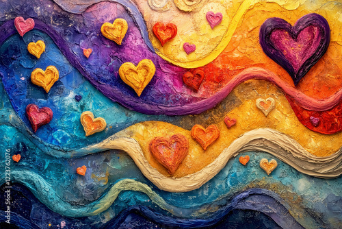 Colorful hearts float on textured waves of paint in a vibrant abstract art painting.