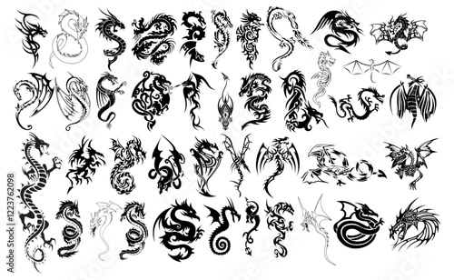 Oriental Dragons Silhouette Vector Pack graphic drawing illustration Design Elements for stickers, Posters, streetwear, t-shirts, logos, print-on-demand, print, or branding