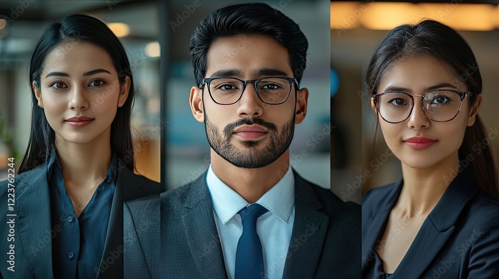 Indian and Asian businesspeople posing in a workspace, staring at the camera. A collage of three successful corporate staff members feeling satisfied with their career growth and business perspectives Indian and Asian businesspeople posing in a workspace, staring at the camera. A collage of three successful corporate staff members feeling satisfied with their career growth and business perspectives