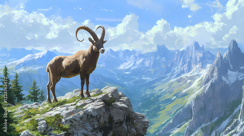 Majestic alpine ibex mountain goat with curved horns stands proudly on a rocky mountain ridge, surrounded by lush greenery and a panoramic alpine landscape. Wild Ridge. Illustration Majestic alpine ibex mountain goat with curved horns stands proudly on a rocky mountain ridge, surrounded by lush greenery and a panoramic alpine landscape. Wild Ridge. Illustration