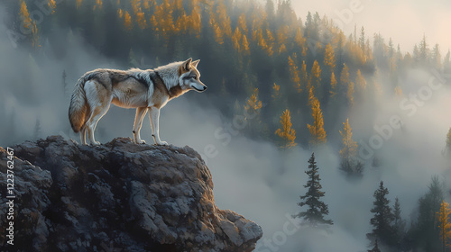 Lone wolf standing on rocky ledge, overlooking misty forest landscape. majestic animal exudes strength and grace, embodying spirit of wild. Wild Ridge. Illustration photo