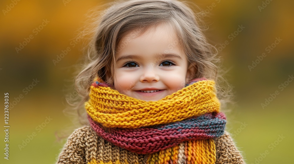 A cheerful young girl with curly hair is enjoying the outdoors, wrapped in a vibrant scarf surrounded by the colors of autumn leaves. Her joyful smile captures the essence of the season A cheerful young girl with curly hair is enjoying the outdoors, wrapped in a vibrant scarf surrounded by the colors of autumn leaves. Her joyful smile captures the essence of the season