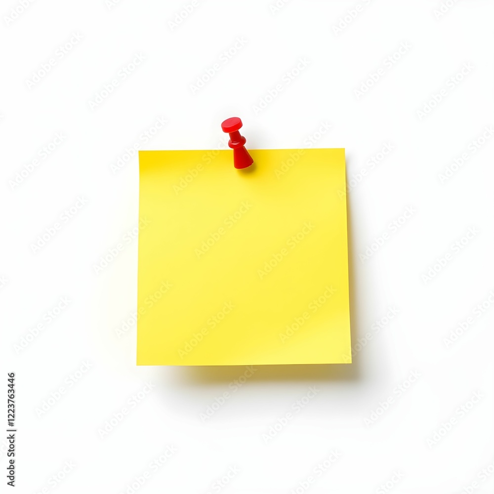 Yellow sticky note, red push pin, blank memo, vibrant colors, minimalist composition, white background, office supplies, square shape, reminder, clean aesthetic, isolated object, close-up shot Yellow sticky note, red push pin, blank memo, vibrant colors, minimalist composition, white background, office supplies, square shape, reminder, clean aesthetic, isolated object, close-up shot