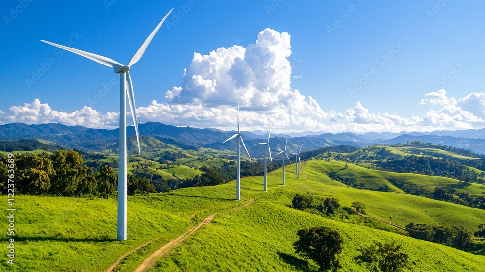 Ai generated landscape of wind turbines in nature green hills bright sky sustainable energy concept Ai generated landscape of wind turbines in nature green hills bright sky sustainable energy concept