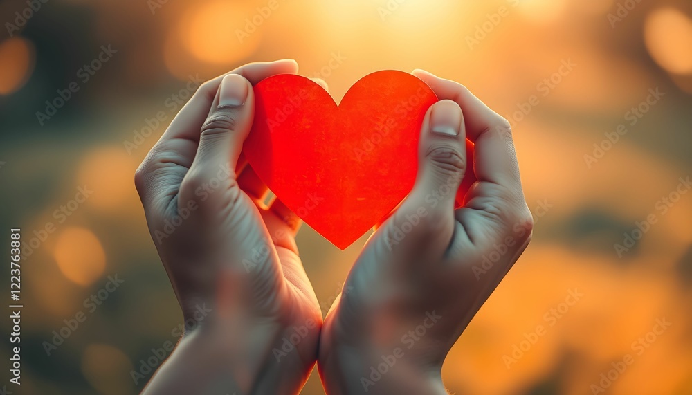 Fototapeta premium hands holding heart, glowing orange light, warmth, caring, tenderness, love, soft focus, close-up, ethereal, nurturing, healing energy