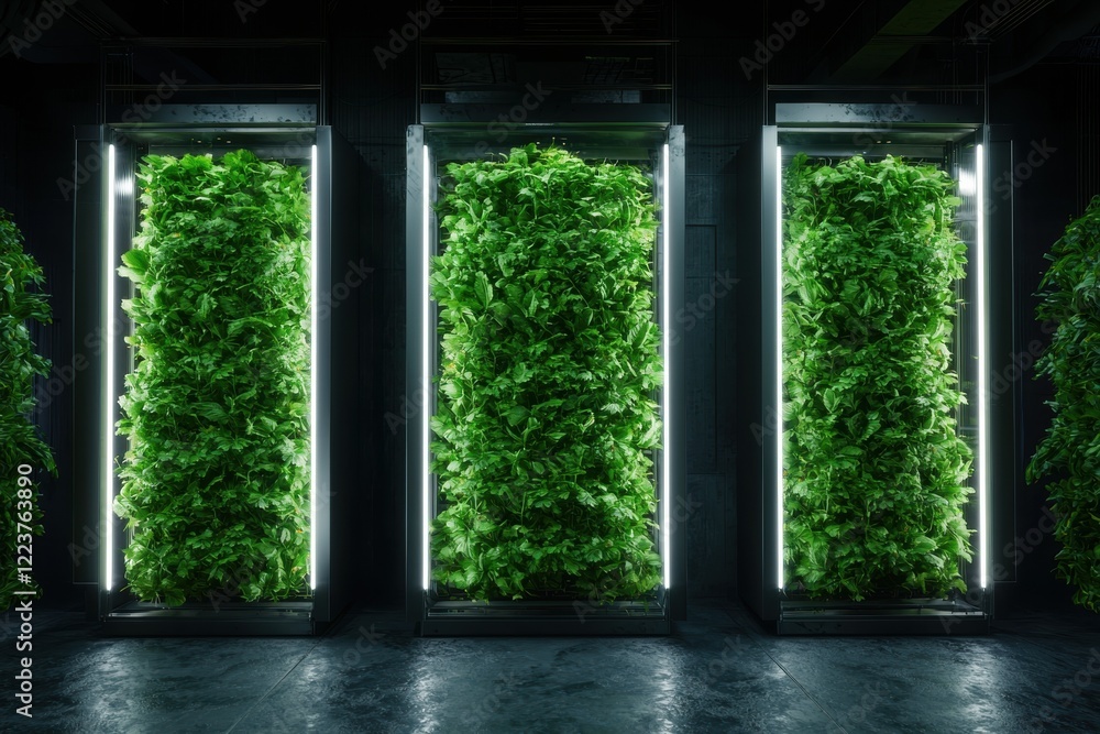 Futuristic vertical farm with glowing plants Futuristic vertical farm with glowing plants