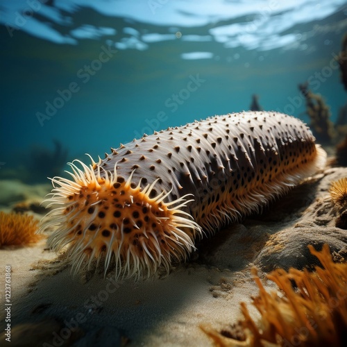 Stunning marine landscape with a sea cucumber on the seafloor. photo