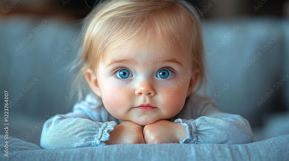 A charming baby with striking blue eyes rests her chin on her hands, peering curiously at the camera. Soft textures create a cozy setting in a well-lit indoor space A charming baby with striking blue eyes rests her chin on her hands, peering curiously at the camera. Soft textures create a cozy setting in a well-lit indoor space