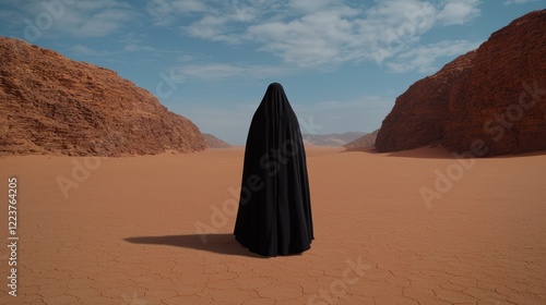 Mysterious figure in black robe standing in a desert landscape photo