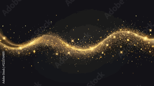 Gold glittering confetti wave and stardust. Backdrop with golden magical sparkles on dark background. Vector illustration