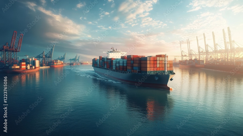 Obraz premium Container Ship Navigating Busy Harbor at Sunrise
