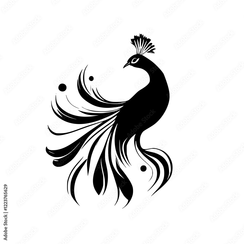 Elegant Peacock Silhouette: A Black and White Avian Design. Perfect for nature lovers and graphic designers seeking a sophisticated, stylized bird illustration. Elegant Peacock Silhouette: A Black and White Avian Design. Perfect for nature lovers and graphic designers seeking a sophisticated, stylized bird illustration.
