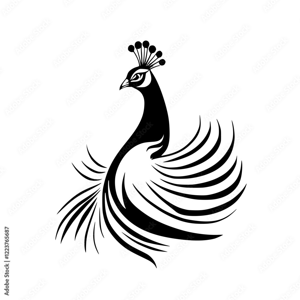Fototapeta premium Elegant Peacock Silhouette: Abstract Bird Design, Black and White Vector Illustration, Nature-Inspired Graphic, Wildlife Art