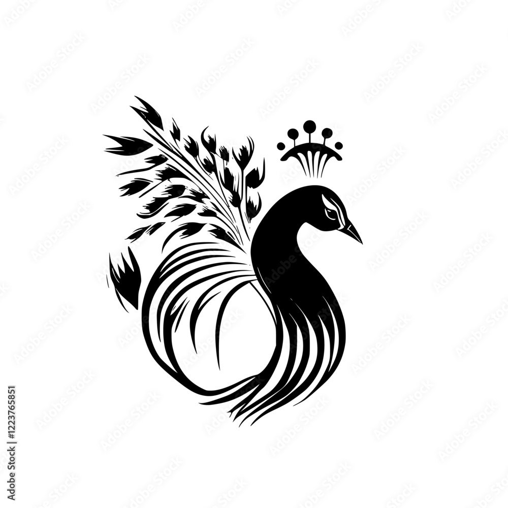 Obraz premium Elegant Peacock Silhouette: A Decorative Bird Design. Perfect for nature lovers and art enthusiasts. Stylish and ornate, this vector graphic is ideal for various applications.