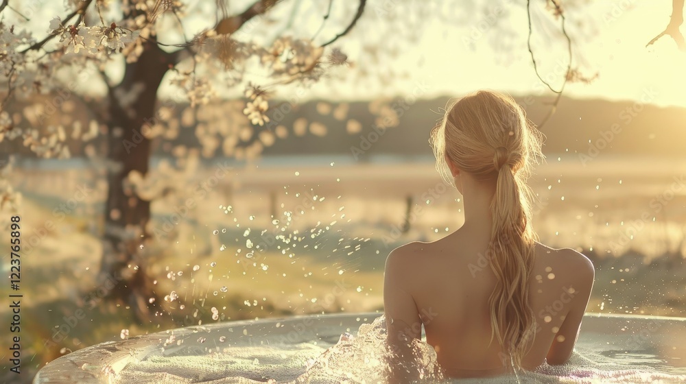 Obraz premium A person enjoys a peaceful moment in a hot tub, looking out at a beautiful landscape filled with blossoming cherry trees, golden light enveloping the scene at sunset