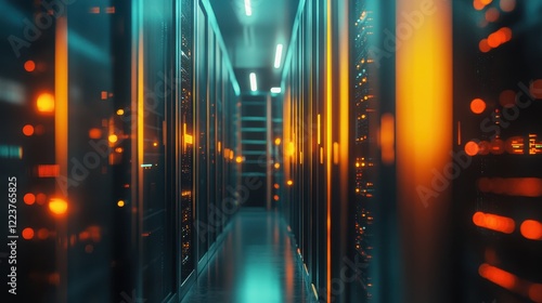 Illuminated Server Room Corridor showcasing technological infrastructure
