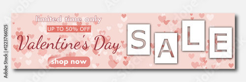 Valentine's Day sale, template discount banner design with lot of multicolored rose hearts to promote purchases in the 14 february. modern vector illustration for website header, flyer, poster